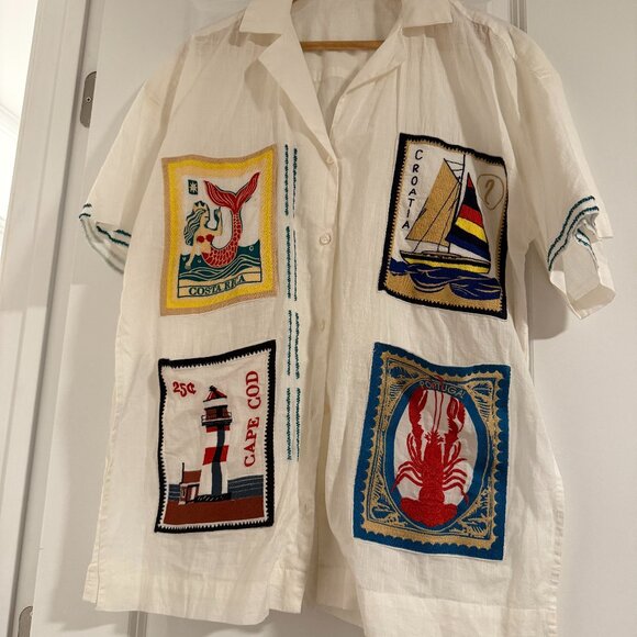 Anthropologie x Celandine Embroidered Postcard Boxy Buttondown Shirt, NWOT - Picture 4 of 7